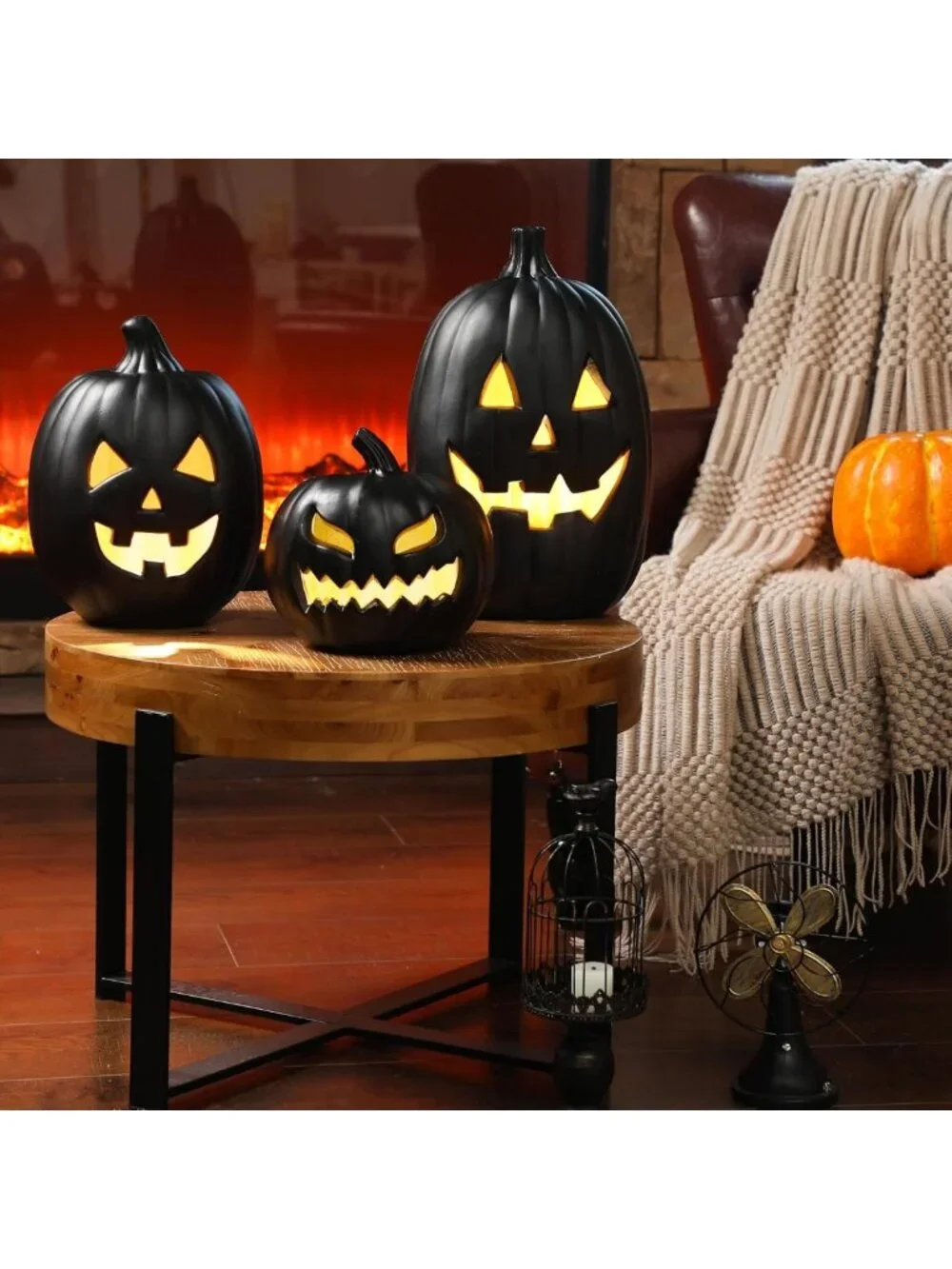 3 PCS Vintage Black Jack-o'-Lantern Decor - Halloween Pumpkin Lights for Indoor